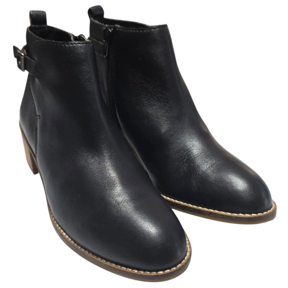 Lucky Brand Harpiee Black Leather Ankle Boots Buckle Block Heel Womens 7M SH317 - Picture 1 of 10